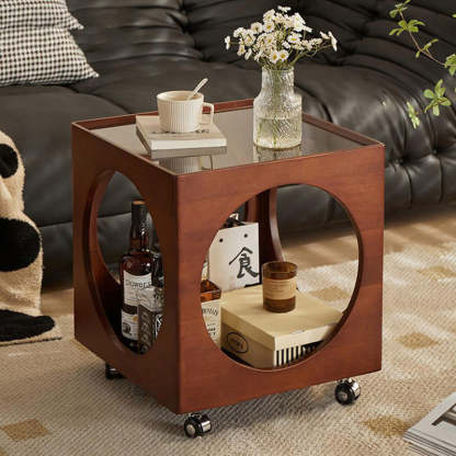 Vintage Wood Rattan Storage Side Table — A / Walnut Wood Color