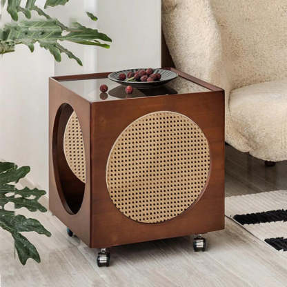 Vintage Wood Rattan Storage Side Table — A / Black
