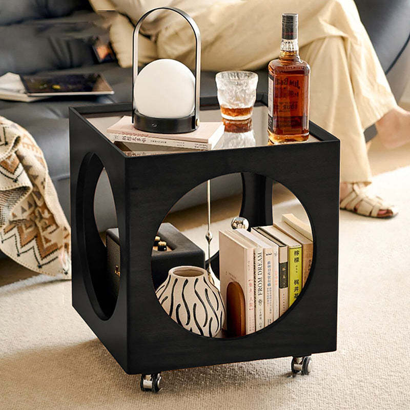 Vintage Wood Rattan Storage Side Table — B / Walnut Wood Color