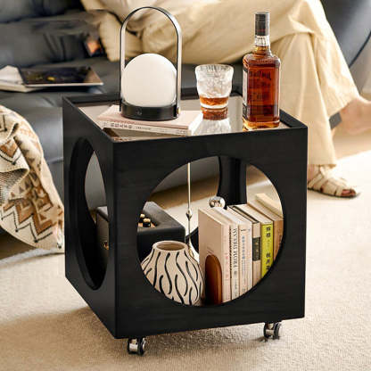 Vintage Wood Rattan Storage Side Table — B / Walnut Wood Color