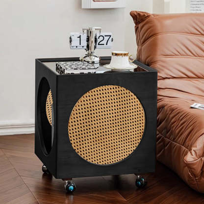Vintage Wood Rattan Storage Side Table
