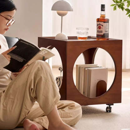 Vintage Wood Rattan Storage Side Table