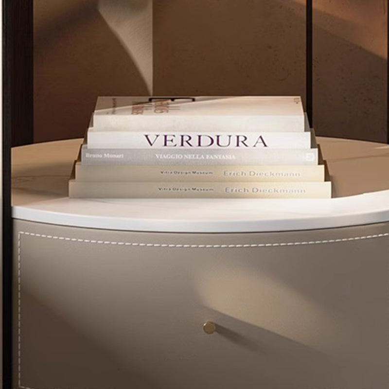 Modern Saddle Leather Glass Wood Nightstand