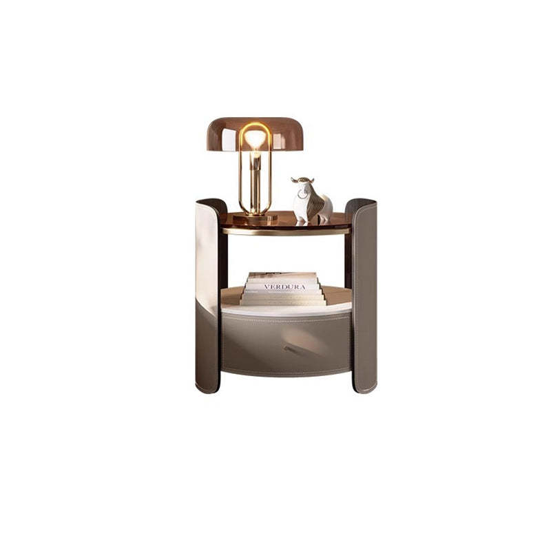 Modern Saddle Leather Glass Wood Nightstand