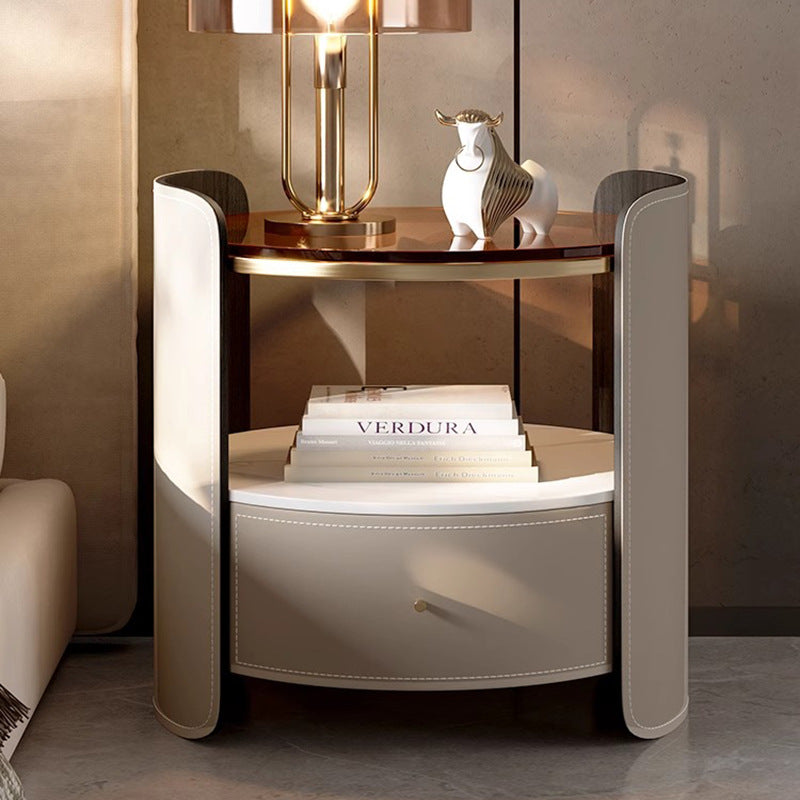 Modern Saddle Leather Glass Wood Nightstand — Khaki