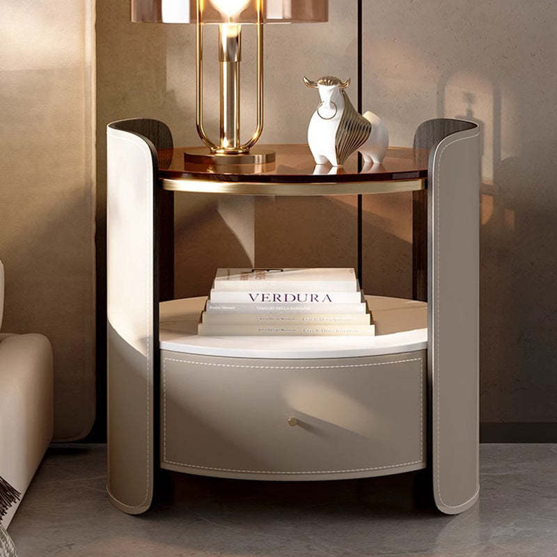 Modern Saddle Leather Glass Wood Nightstand — Khaki