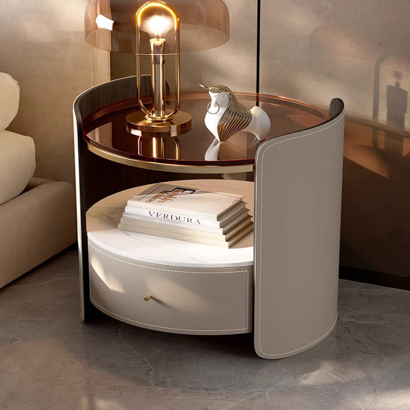 Modern Saddle Leather Glass Wood Nightstand — Dark Gray