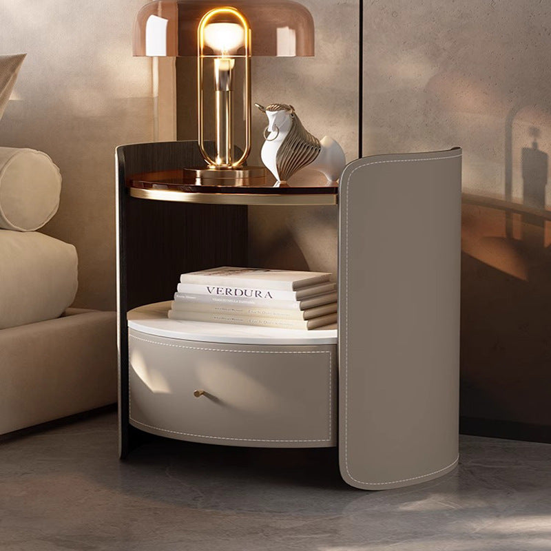 Modern Saddle Leather Glass Wood Nightstand
