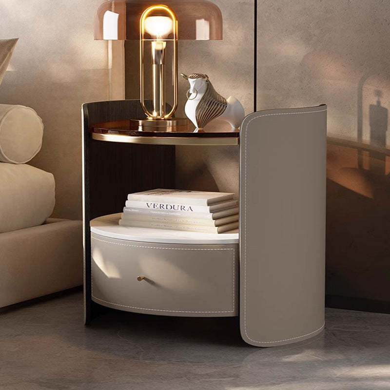 Modern Saddle Leather Glass Wood Nightstand