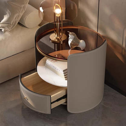Modern Saddle Leather Glass Wood Nightstand — Orange