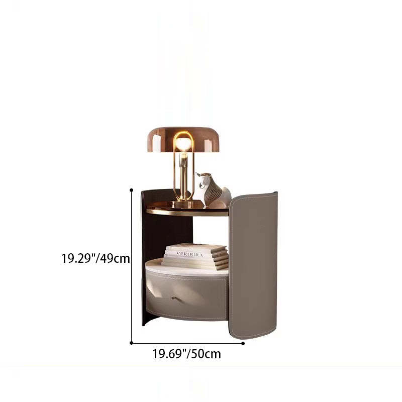 Modern Saddle Leather Glass Wood Nightstand — Light Gray