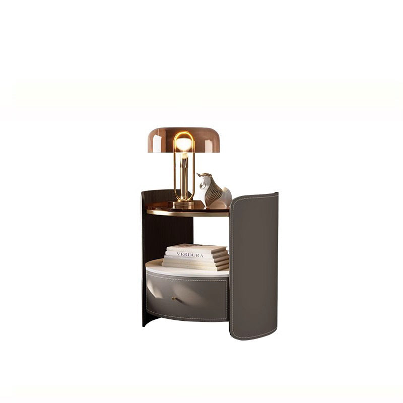 Modern Saddle Leather Glass Wood Nightstand