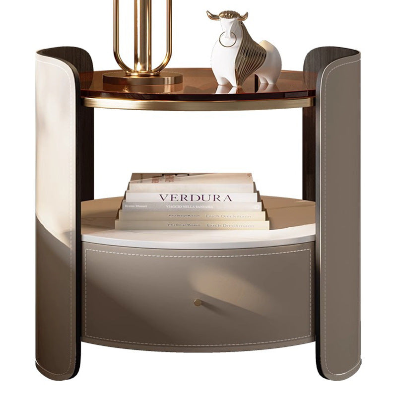 Modern Saddle Leather Glass Wood Nightstand