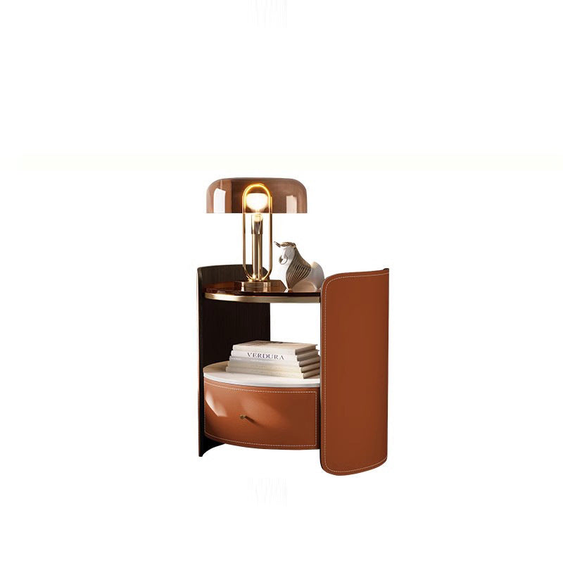 Modern Saddle Leather Glass Wood Nightstand