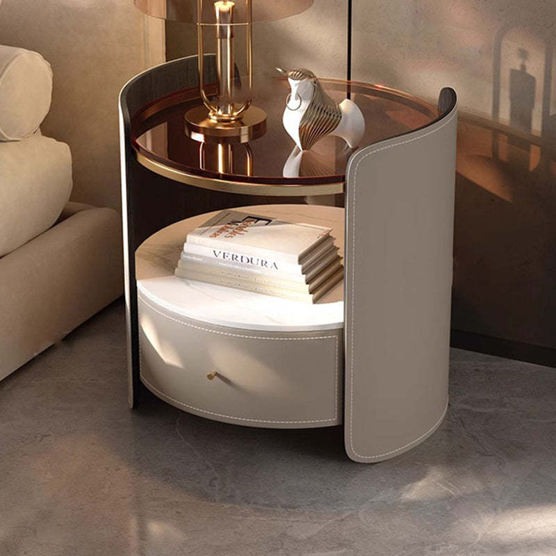 Modern Saddle Leather Glass Wood Nightstand