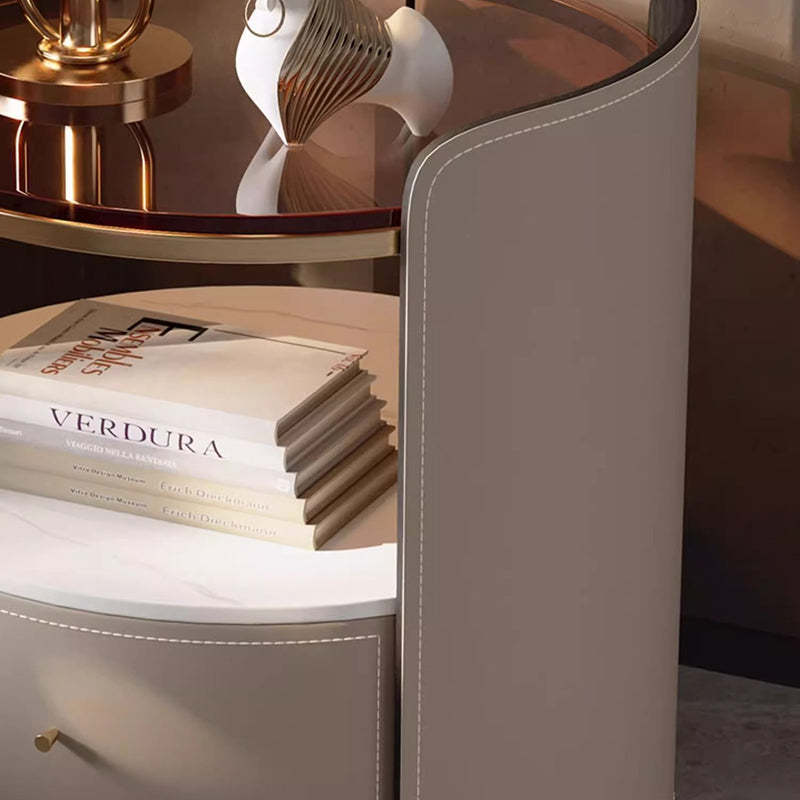 Modern Saddle Leather Glass Wood Nightstand