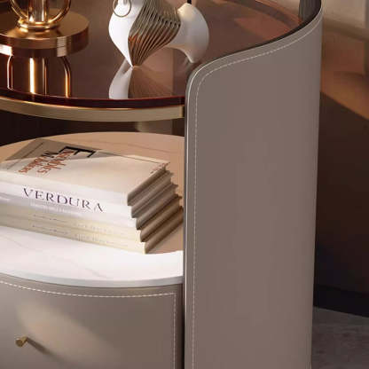 Modern Saddle Leather Glass Wood Nightstand