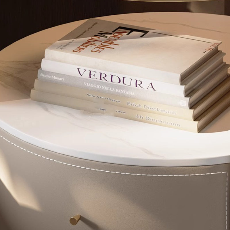 Modern Saddle Leather Glass Wood Nightstand