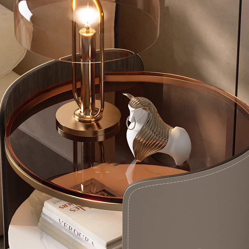 Modern Saddle Leather Glass Wood Nightstand