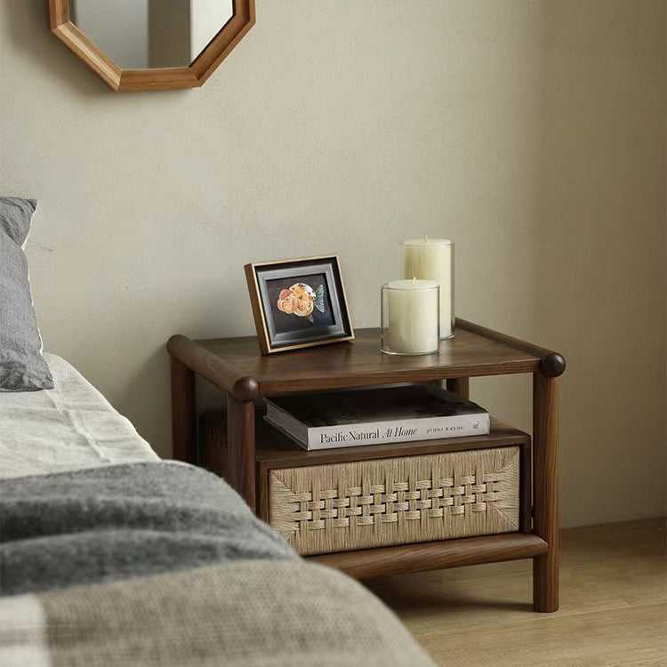 Japanese Black Walnut Rattan Nightstand 1-Drawer — Default Color - Black Walnut Color