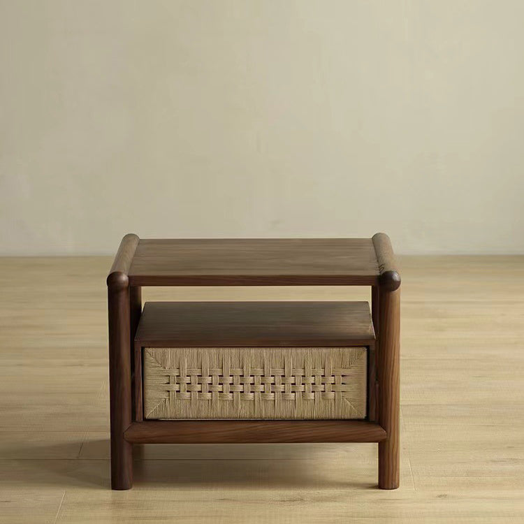 Japanese Black Walnut Rattan Nightstand 1-Drawer