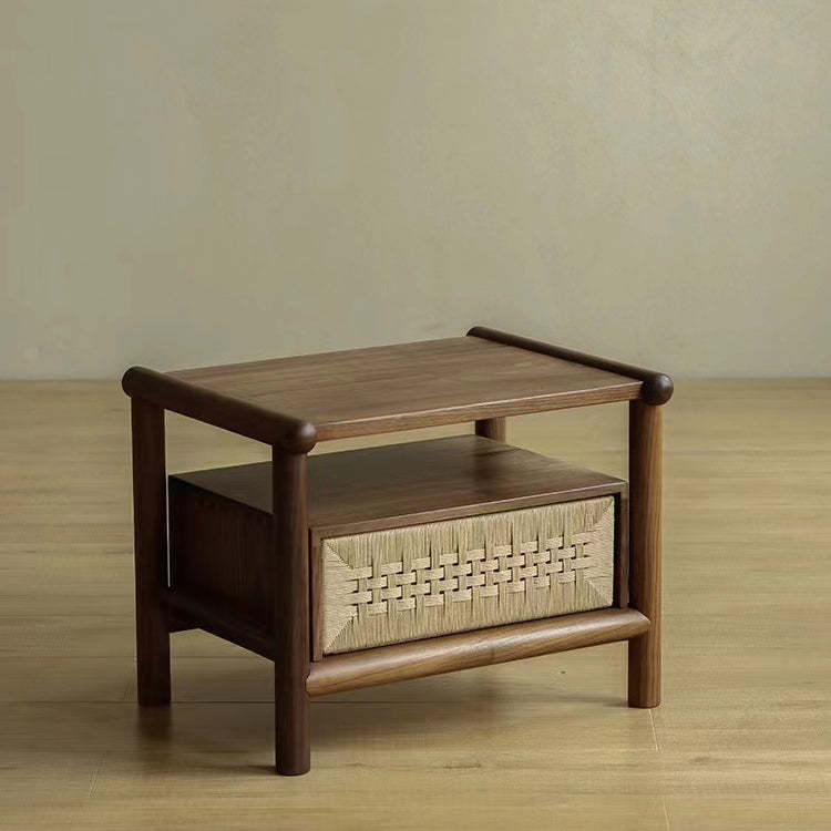 Japanese Black Walnut Rattan Nightstand 1-Drawer