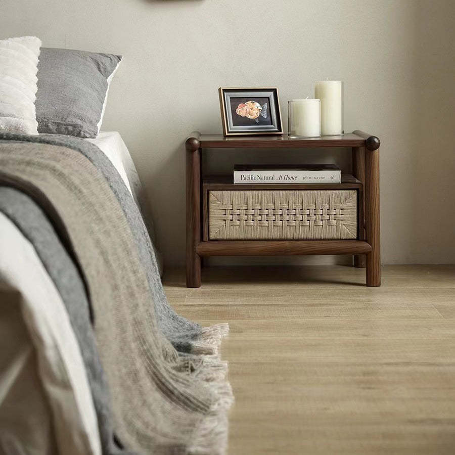 Japanese Black Walnut Rattan Nightstand 1-Drawer