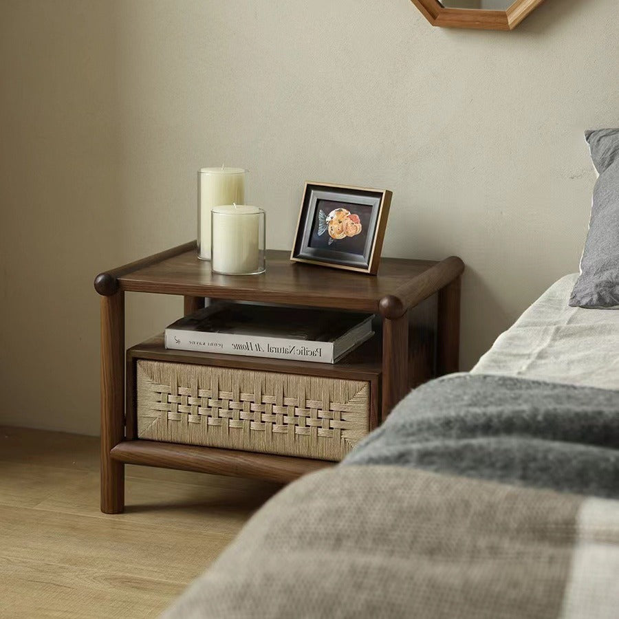 Japanese Black Walnut Rattan Nightstand 1-Drawer