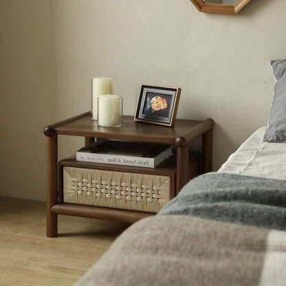 Japanese Black Walnut Rattan Nightstand 1-Drawer