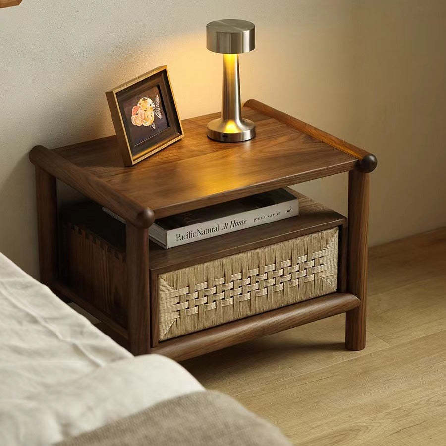 Japanese Black Walnut Rattan Nightstand 1-Drawer