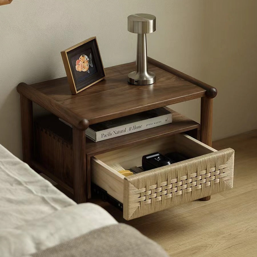 Japanese Black Walnut Rattan Nightstand 1-Drawer