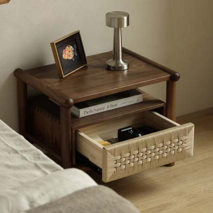 Japanese Black Walnut Rattan Nightstand 1-Drawer