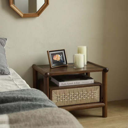 Japanese Black Walnut Rattan Nightstand 1-Drawer — Default Color - Black Walnut Color