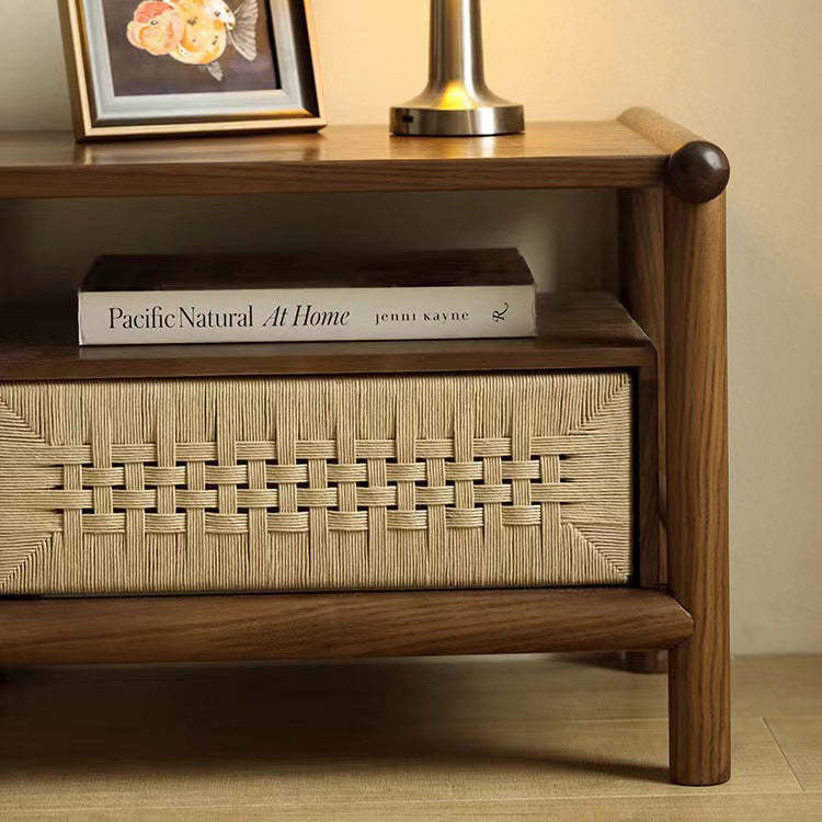 Japanese Black Walnut Rattan Nightstand 1-Drawer