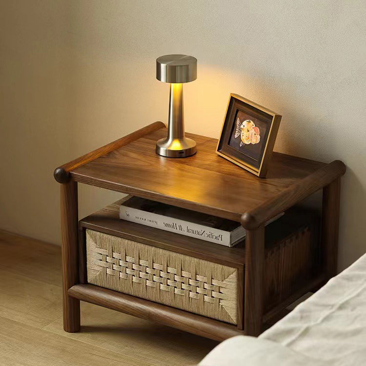 Japanese Black Walnut Rattan Nightstand 1-Drawer