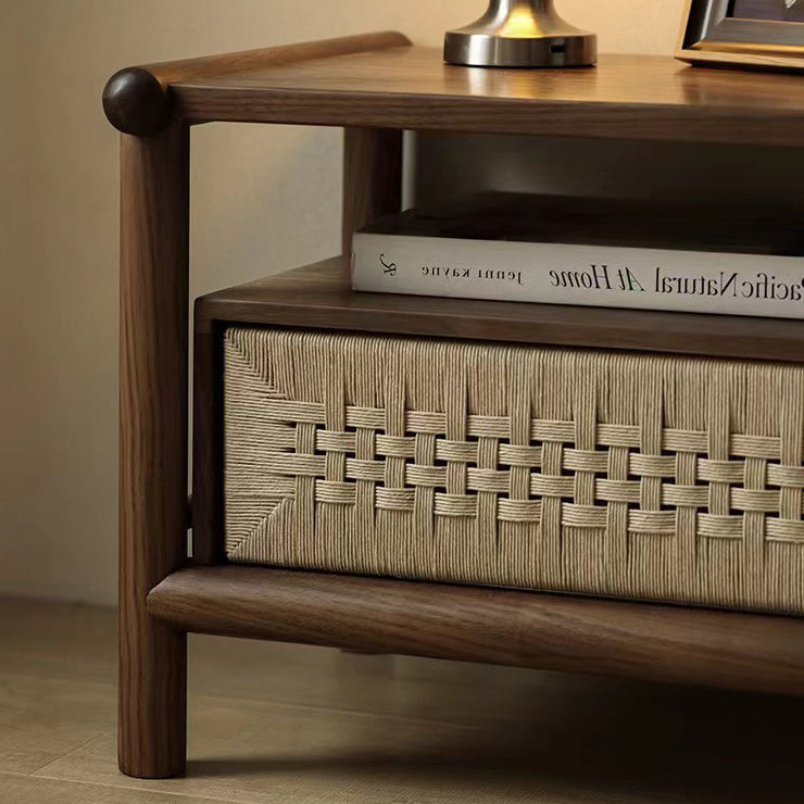 Japanese Black Walnut Rattan Nightstand 1-Drawer