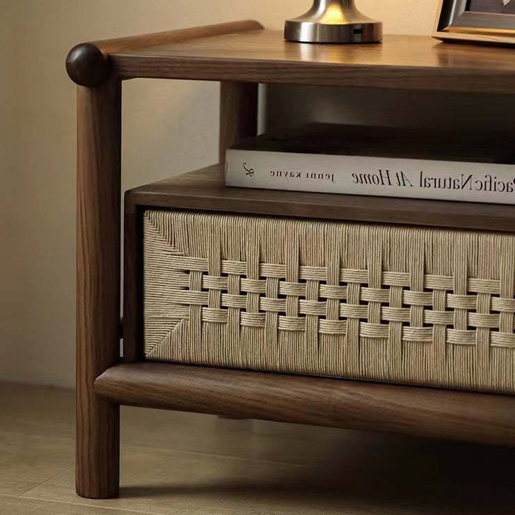 Japanese Black Walnut Rattan Nightstand 1-Drawer