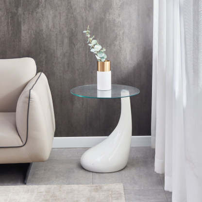 Round Glass Steel Pedestal Side Table — White
