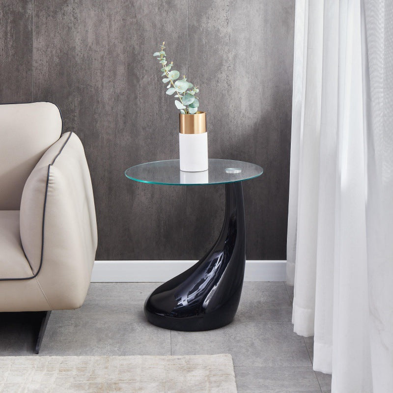 Round Glass Steel Pedestal Side Table — Black