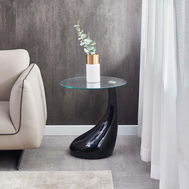 Round Glass Steel Pedestal Side Table — Black