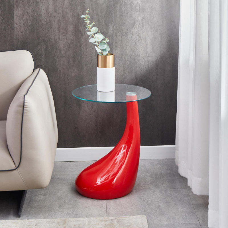 Round Glass Steel Pedestal Side Table — Red