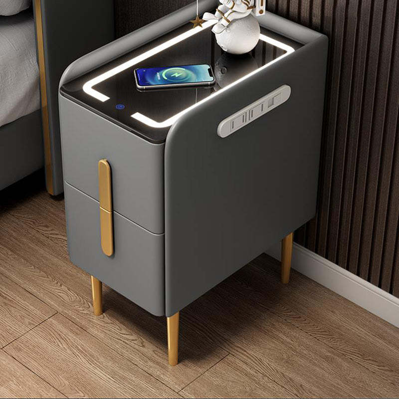 Modern Rock Slab Leather Metal Nightstand — Light Gray