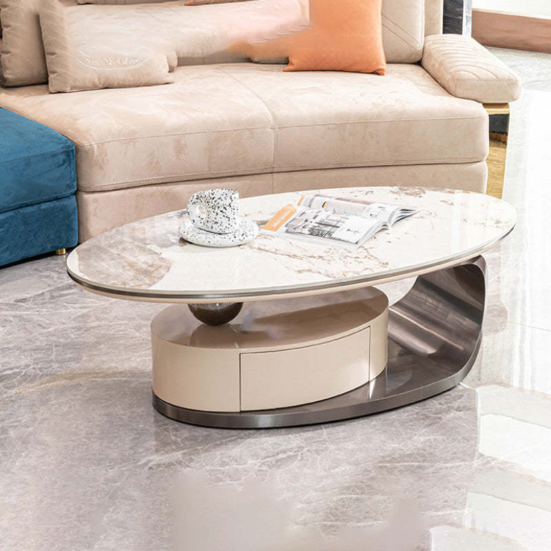 Modern Oval Steel Rock Slab Coffee Table — Default - White