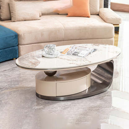 Modern Oval Steel Rock Slab Coffee Table — Default - White