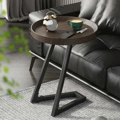 Contemporary Round Wood Steel Side Table