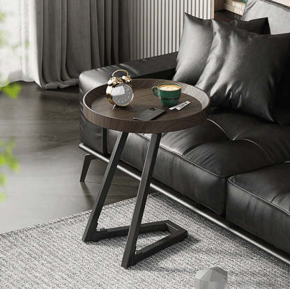 Contemporary Round Wood Steel Side Table