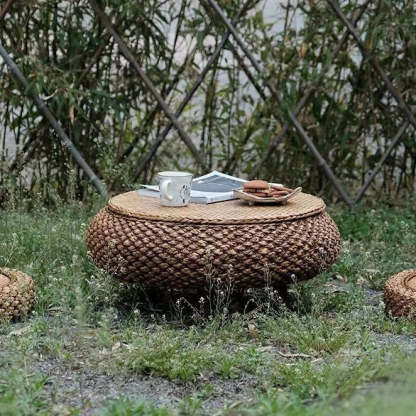 Japanese Rattan Wood Coffee Table with Storage