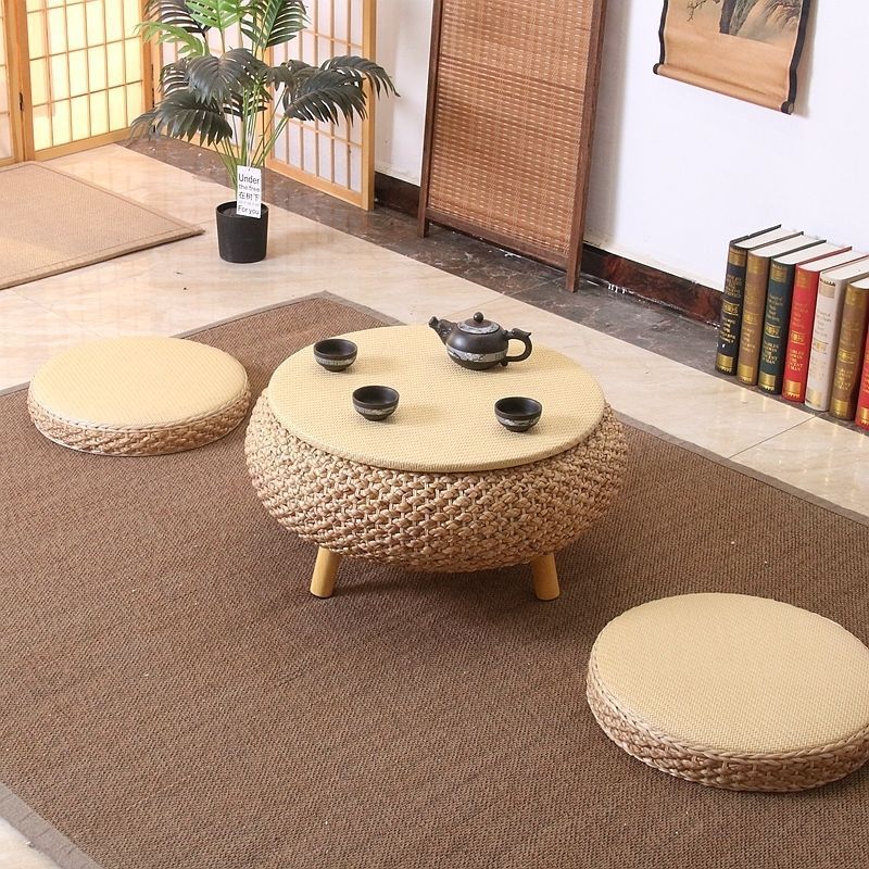 Japanese Rattan Wood Coffee Table with Storage