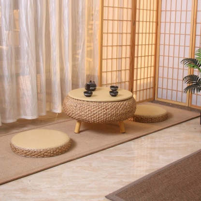 Japanese Rattan Wood Coffee Table with Storage