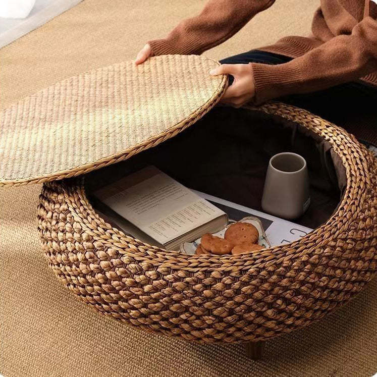 Japanese Rattan Wood Coffee Table with Storage